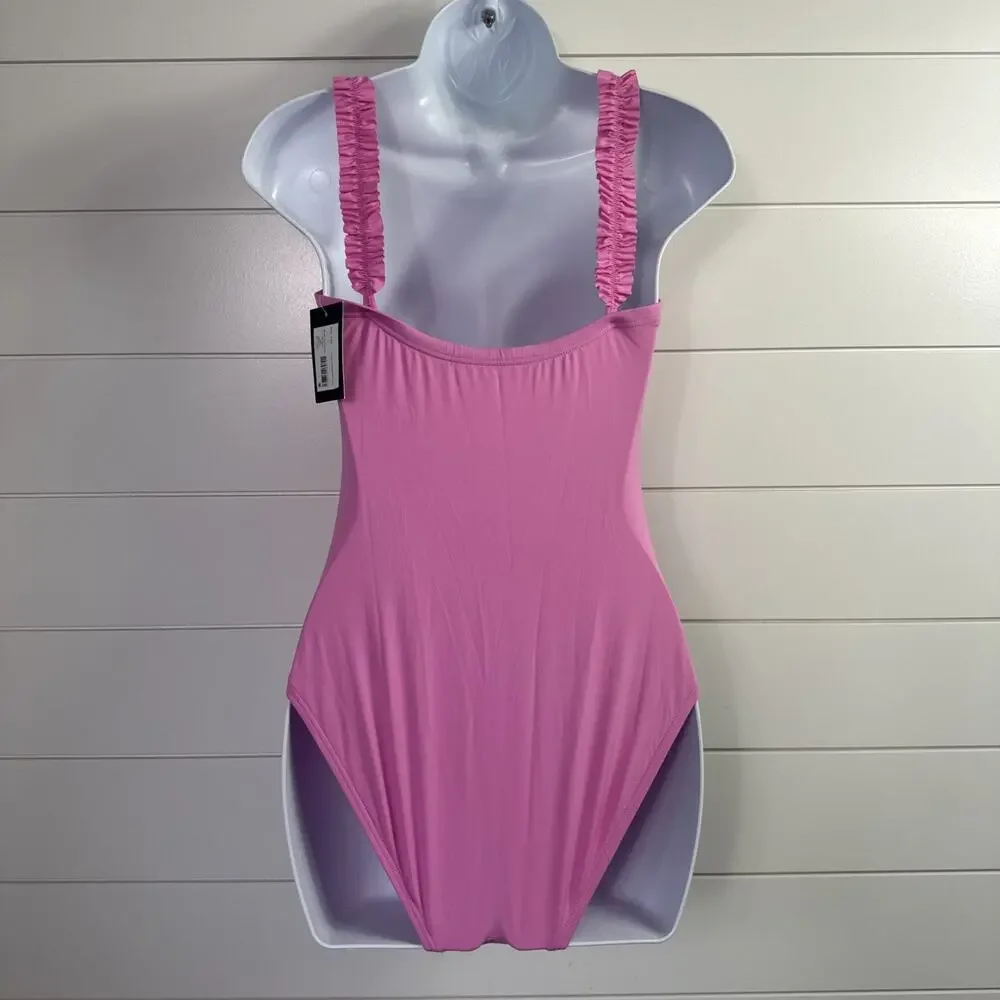 Kate Spade Square Neck Ruffle One Piece Swimsuit Surf Pink sz XS